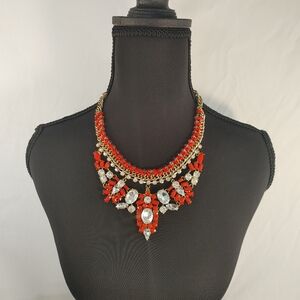 Red Orange Rhinestone Bib Statement Necklace Gold Tone Chunky Glam Adjustable